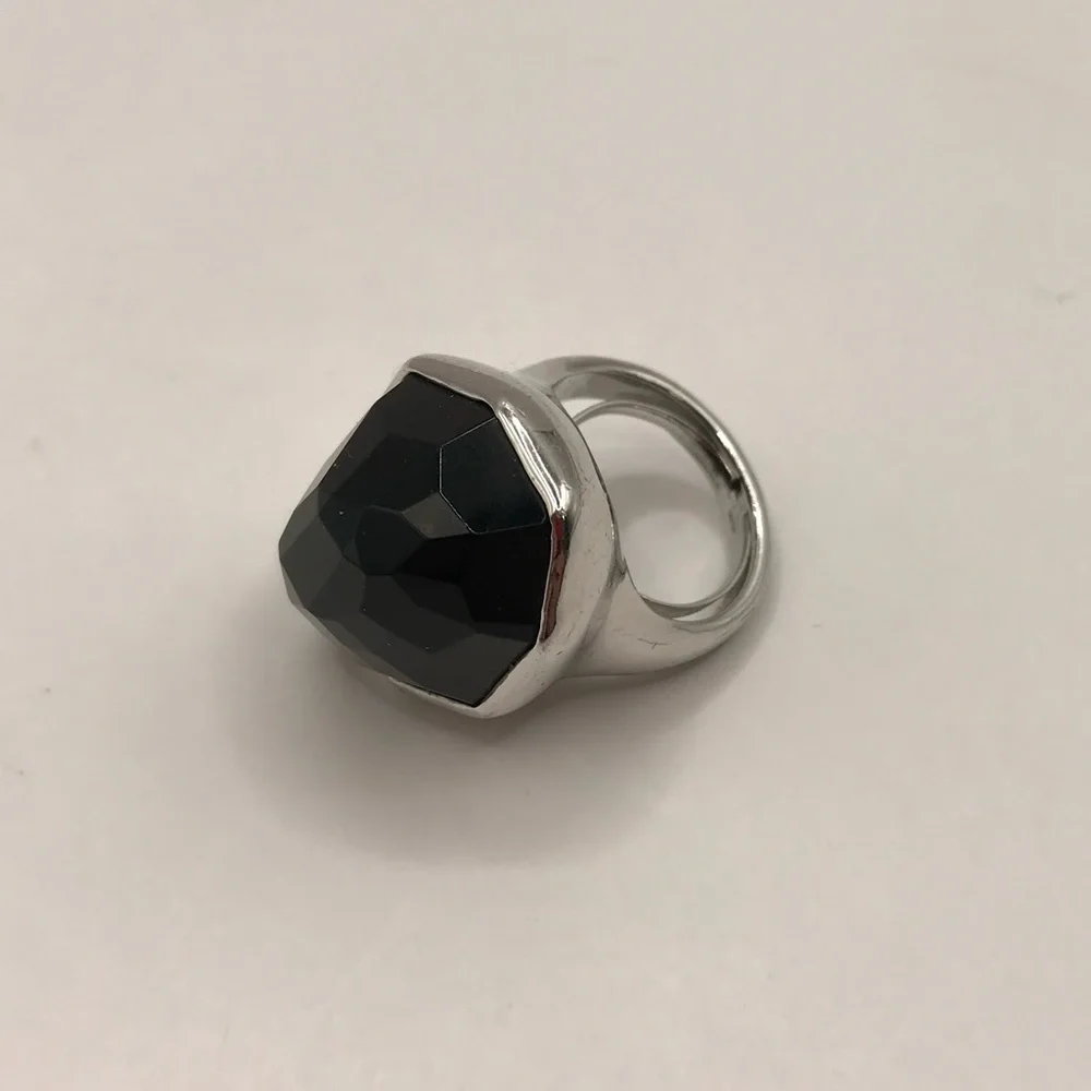 Stella & Dot Silver-Tone with Black Faceted Acrylic Gem Statement Ring - Picture 3 of 6